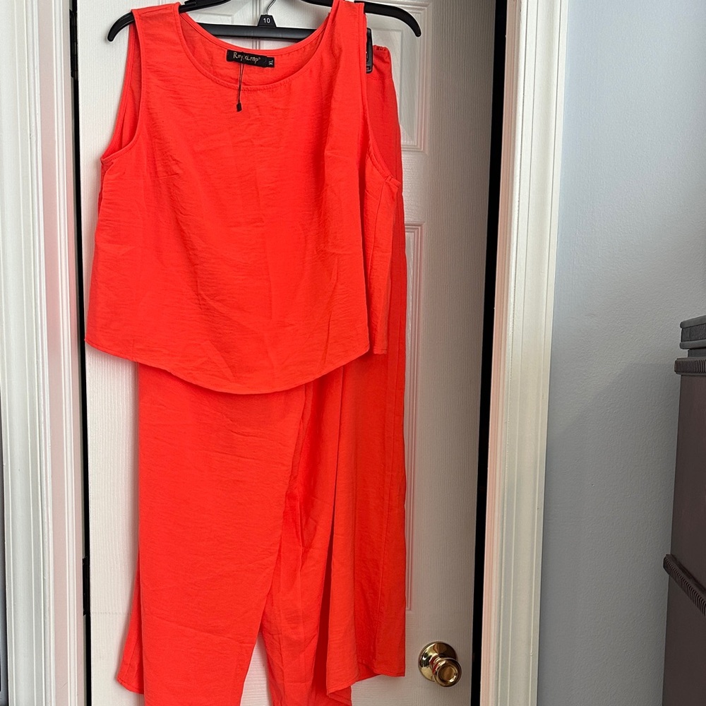 Bright Orange Sleeveless Top and Skirt Set